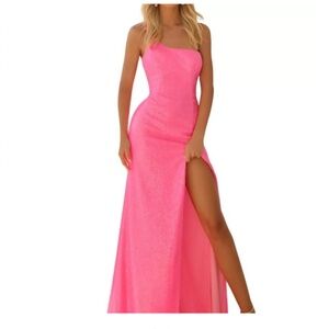 CLARISSE Asymmetric High Slit Long Dress In Bubblegum Pink